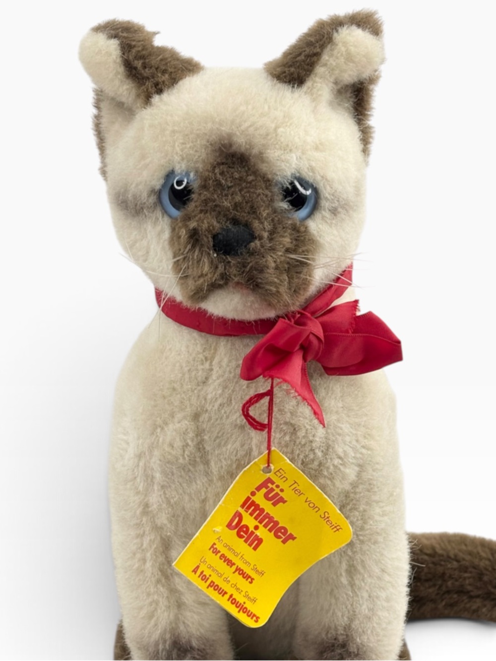 Vintage Steiff Mohair Sitting 10” Tall Cream Brown Siamese Cat Blue Eyes Red Bow - Picture 3 of 12